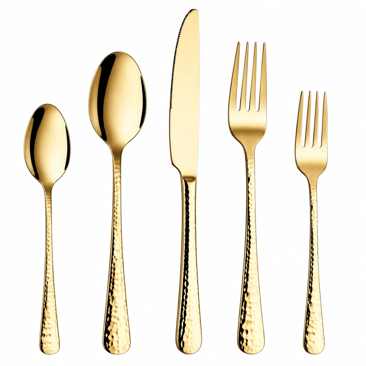5-teiliges Besteckset aus Edelstahl Goldfarben mit gehämmerten Griffen