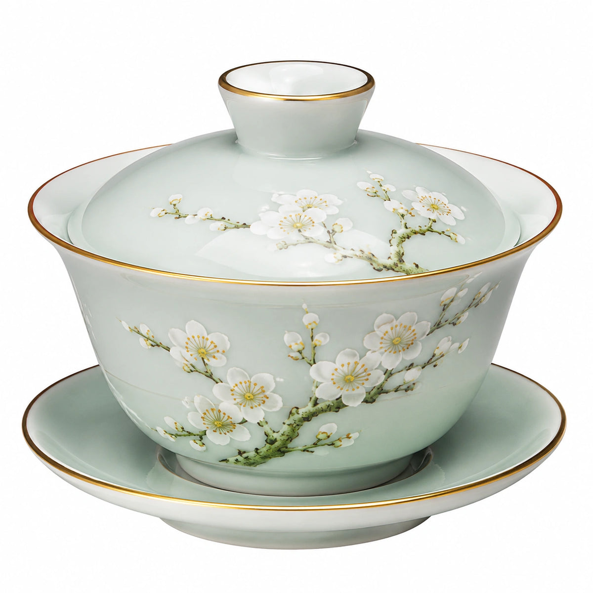 Porzellan Gaiwan Teeschale 180 ml Hellgrün mit Deckel Blütenmotiv klassisch
