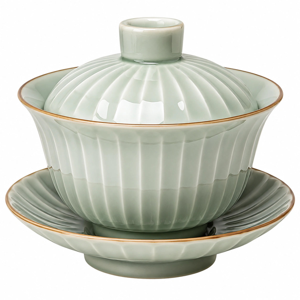 Gaiwan Teetasse 150 ml Keramik Salbeigrün mit Goldrand gerillt