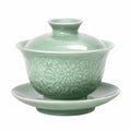 Gaiwan Teeschale 150 ml Keramik Celadongrün mit Deckel und Untertasse floral