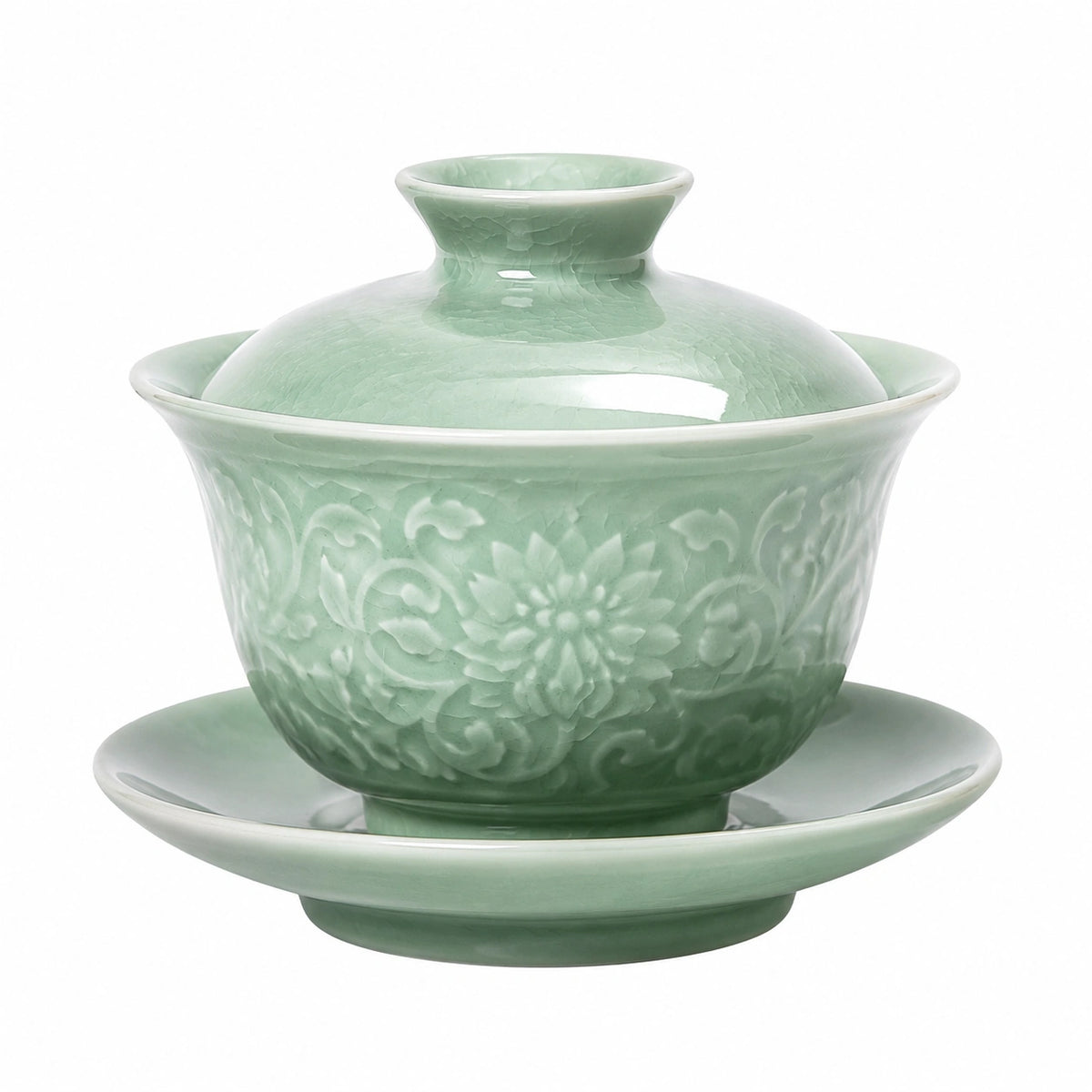Gaiwan Teeschale 150 ml Keramik Celadongrün mit Deckel und Untertasse floral