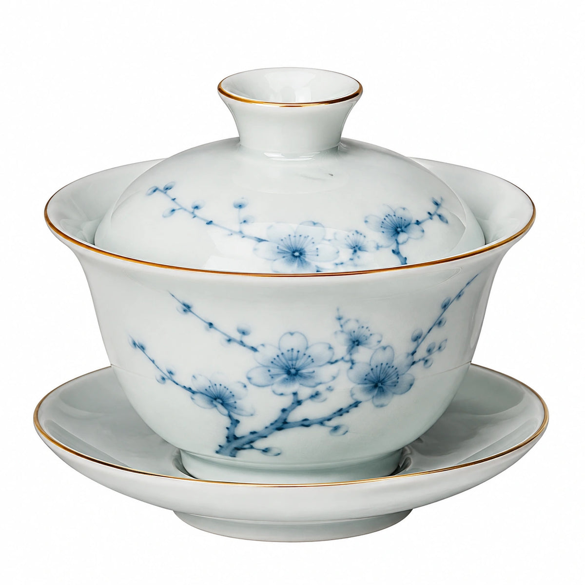 Gaiwan Teeschale 150 ml aus Porzellan Weiß Blau mit Blütenmuster und Deckel