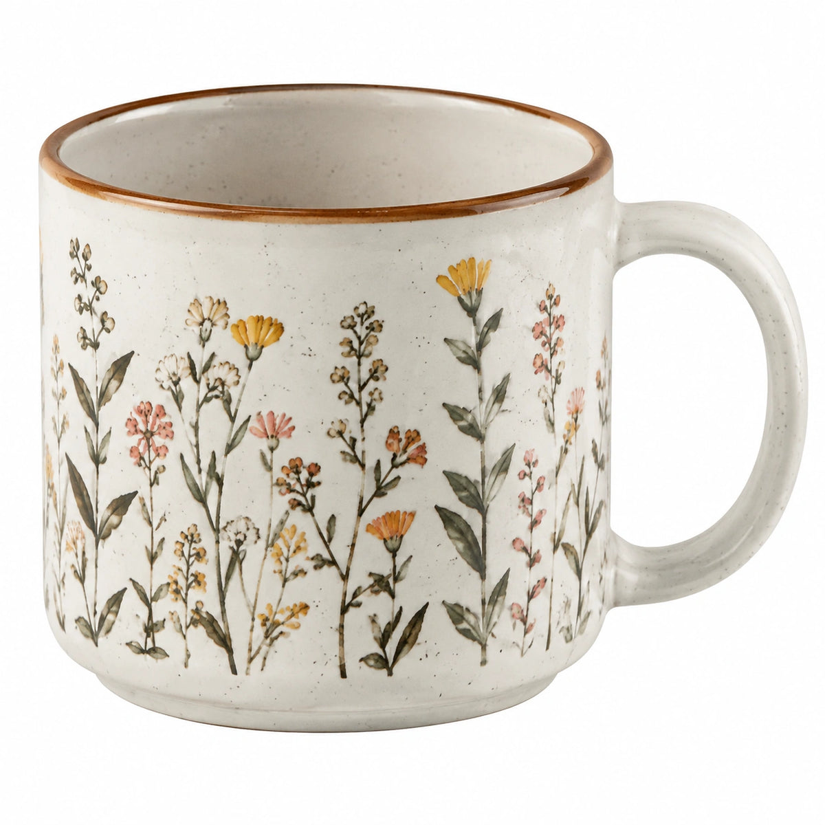 Keramiktasse 350 ml Cremeweiß mit Blumenmuster und Henkel