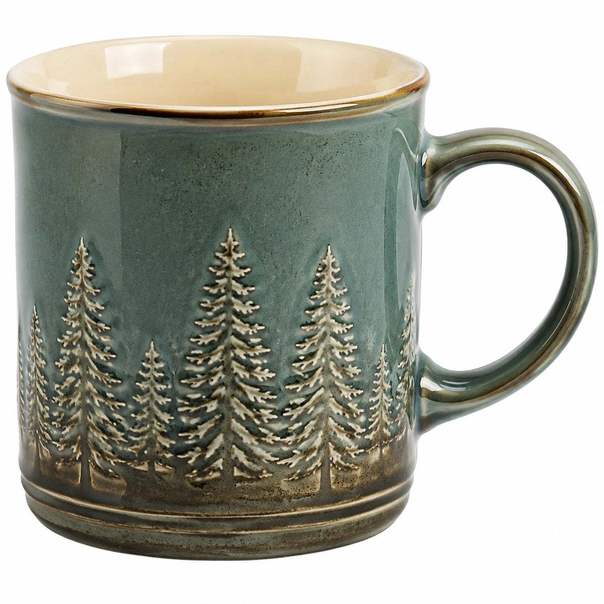 Keramiktasse 400 ml Grün Beige mit Tannenmotiv - Henkelbecher für Heißgetränke