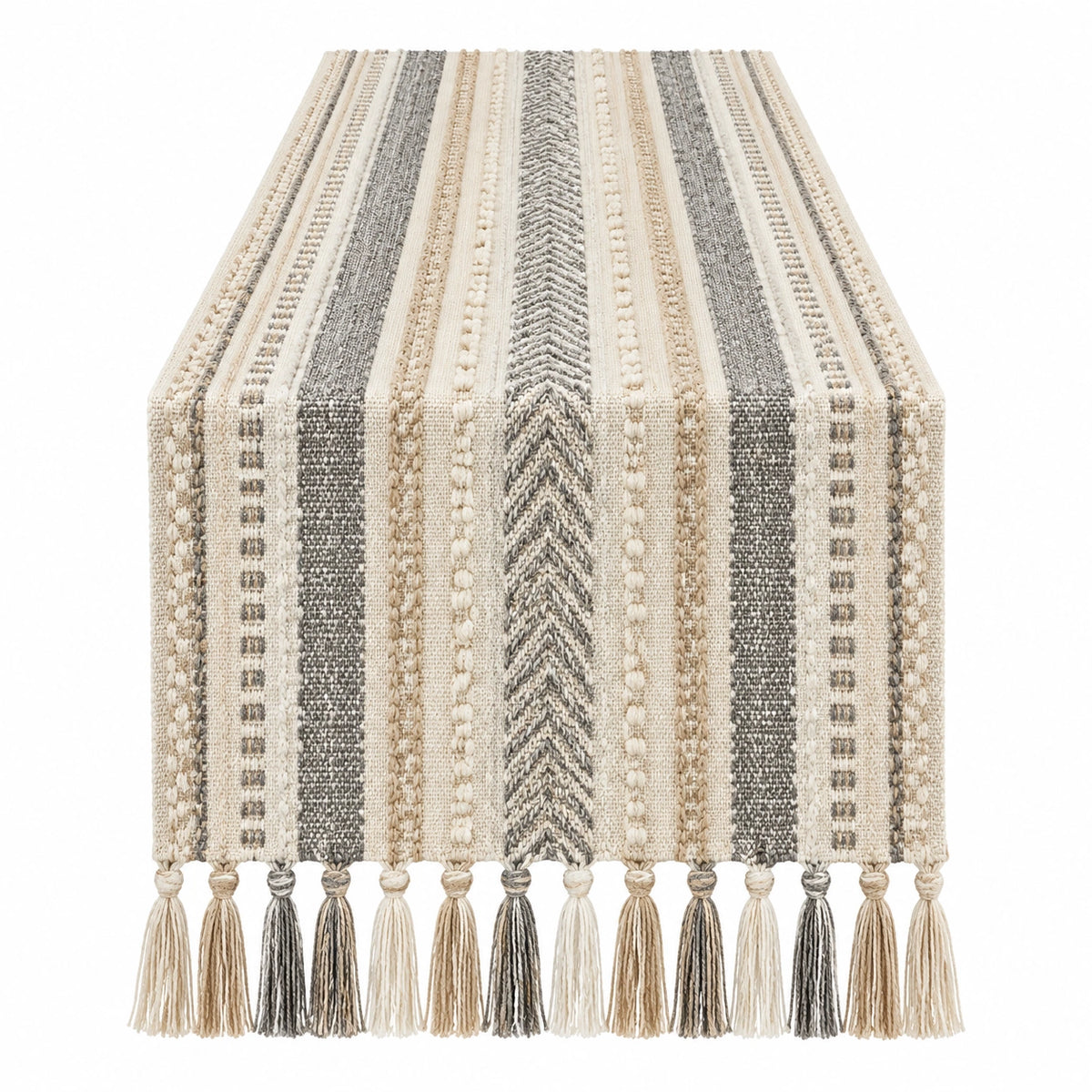 Tischläufer 180 x 35 cm Textil Beige Grau gewebt mit Quasten